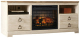 Willowton TV stand with electric fireplace side angle showing plank-style top