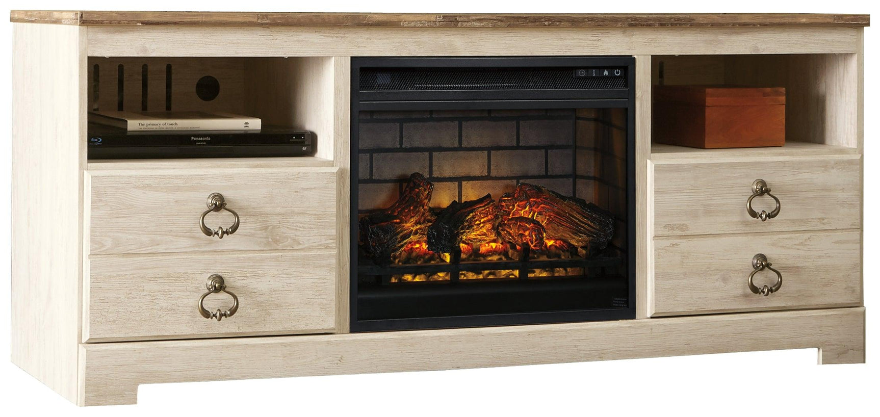 Willowton TV stand with electric fireplace side angle showing plank-style top