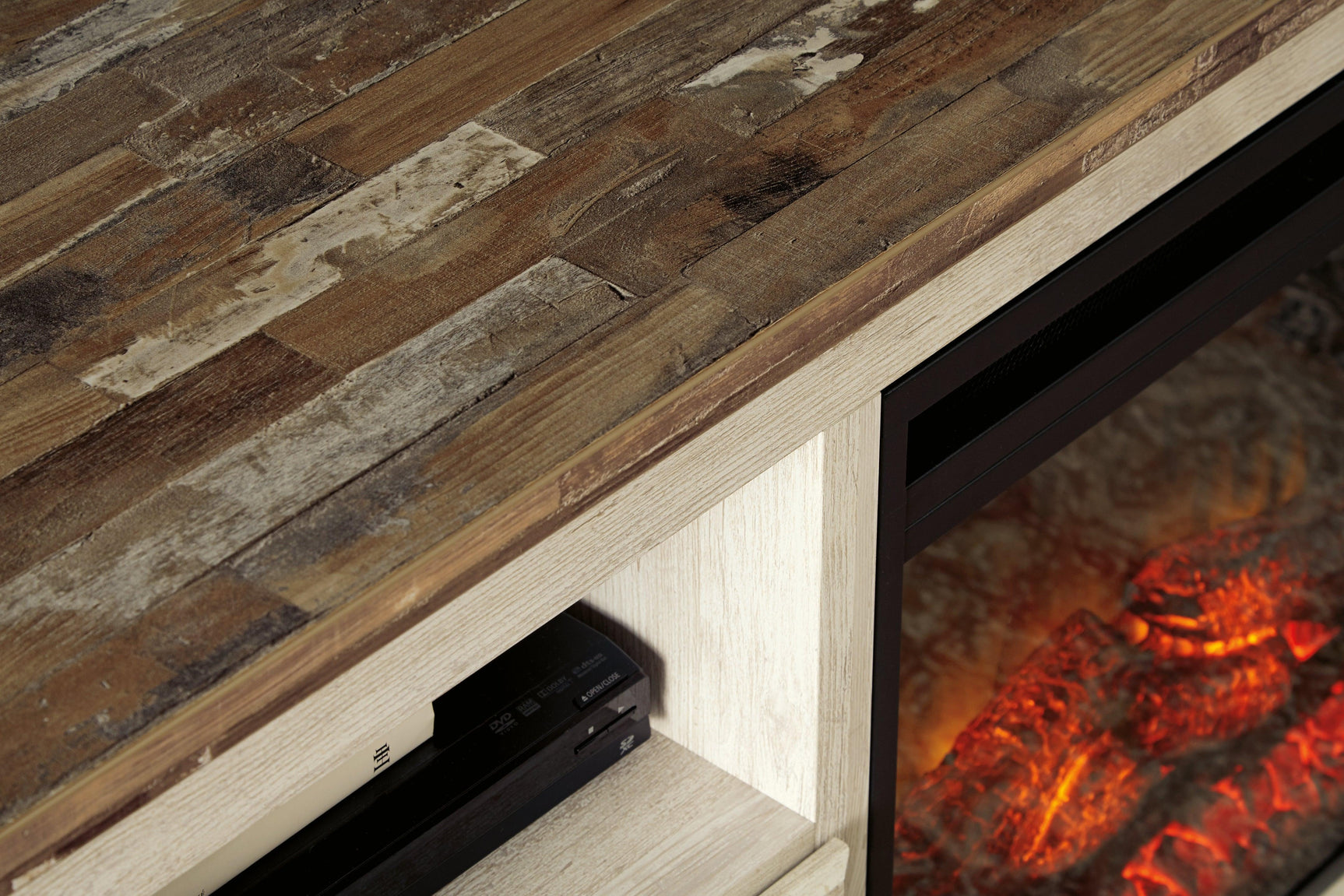 Close-up of Willowton TV stand hardware and whitewashed texture