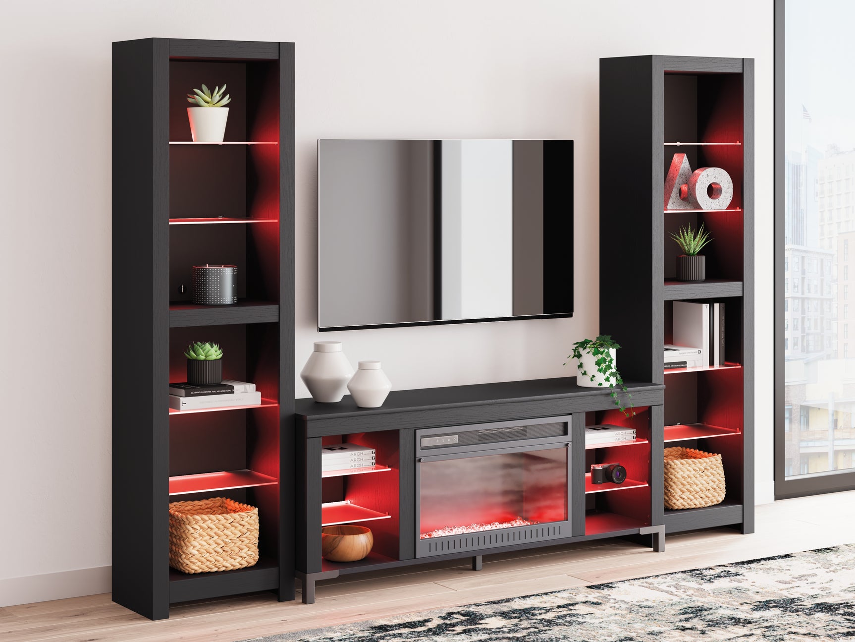 Electric fireplace close-up with flame effect