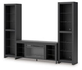 Backlit glass shelves on TV stand, blue LED lighting