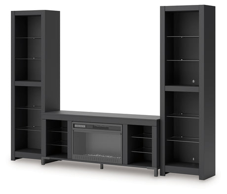 Backlit glass shelves on TV stand, blue LED lighting