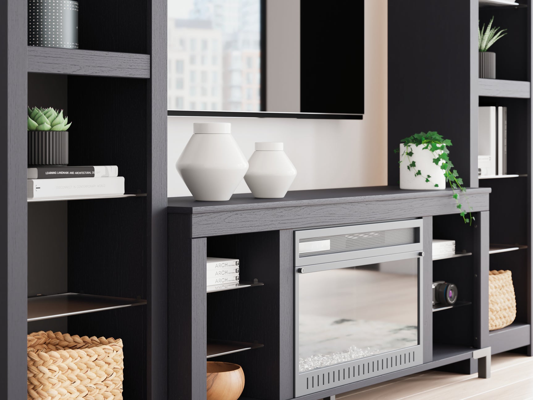 Full view of entertainment center with white LED lighting