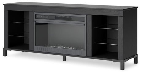 Black TV stand with glowing blue LED backlight