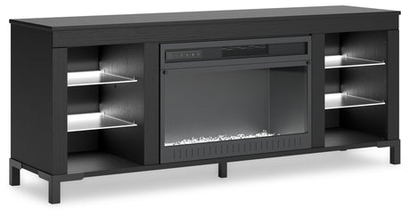 Close-up of the electric fireplace insert in TV stand