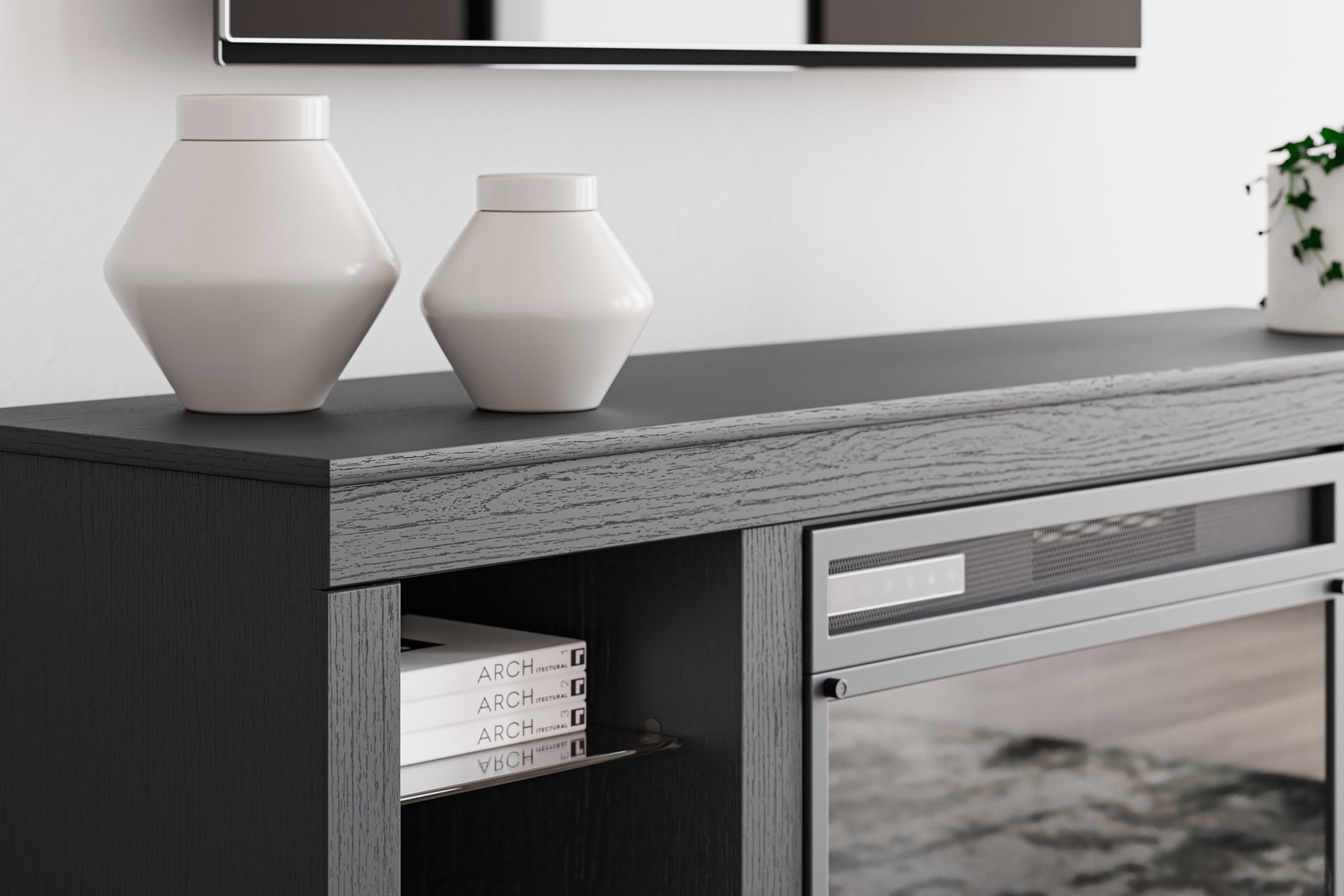 Cayberry TV stand with media components on shelves