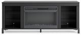 Side view of Cayberry black TV stand with fireplace