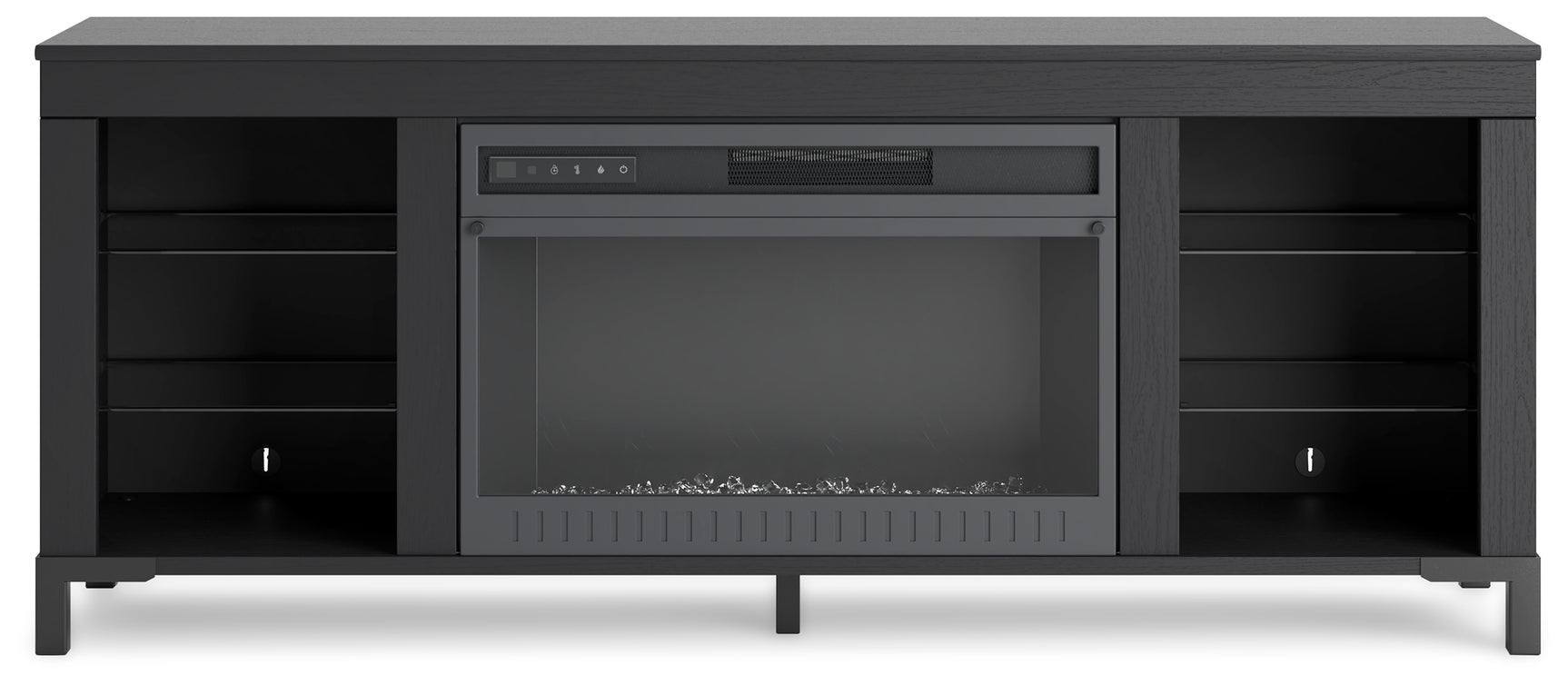 Side view of Cayberry black TV stand with fireplace