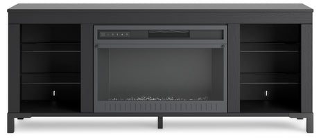 Side view of Cayberry black TV stand with fireplace