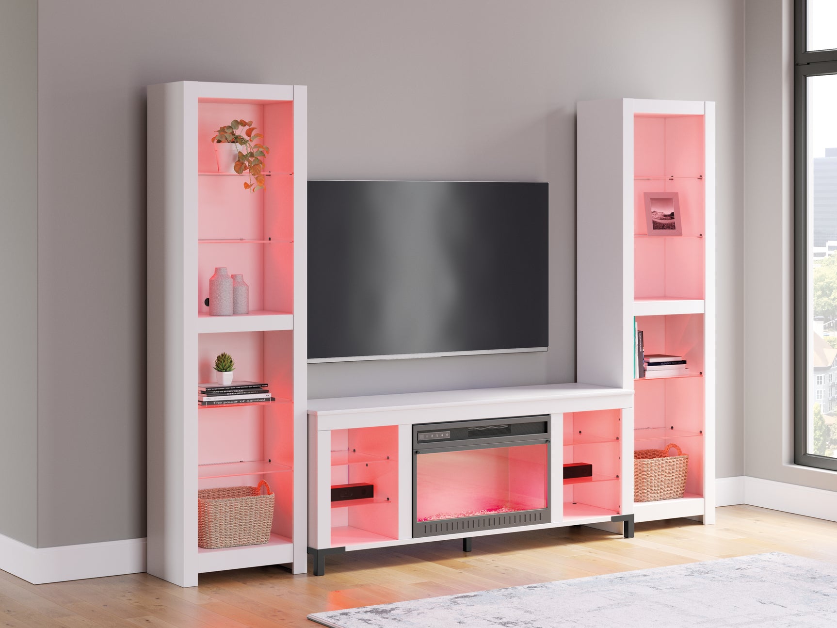 Side angle showing engineered wood shelves