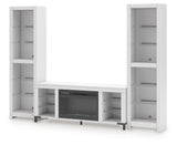 Backlit glass shelves on TV stand with blue LED lights