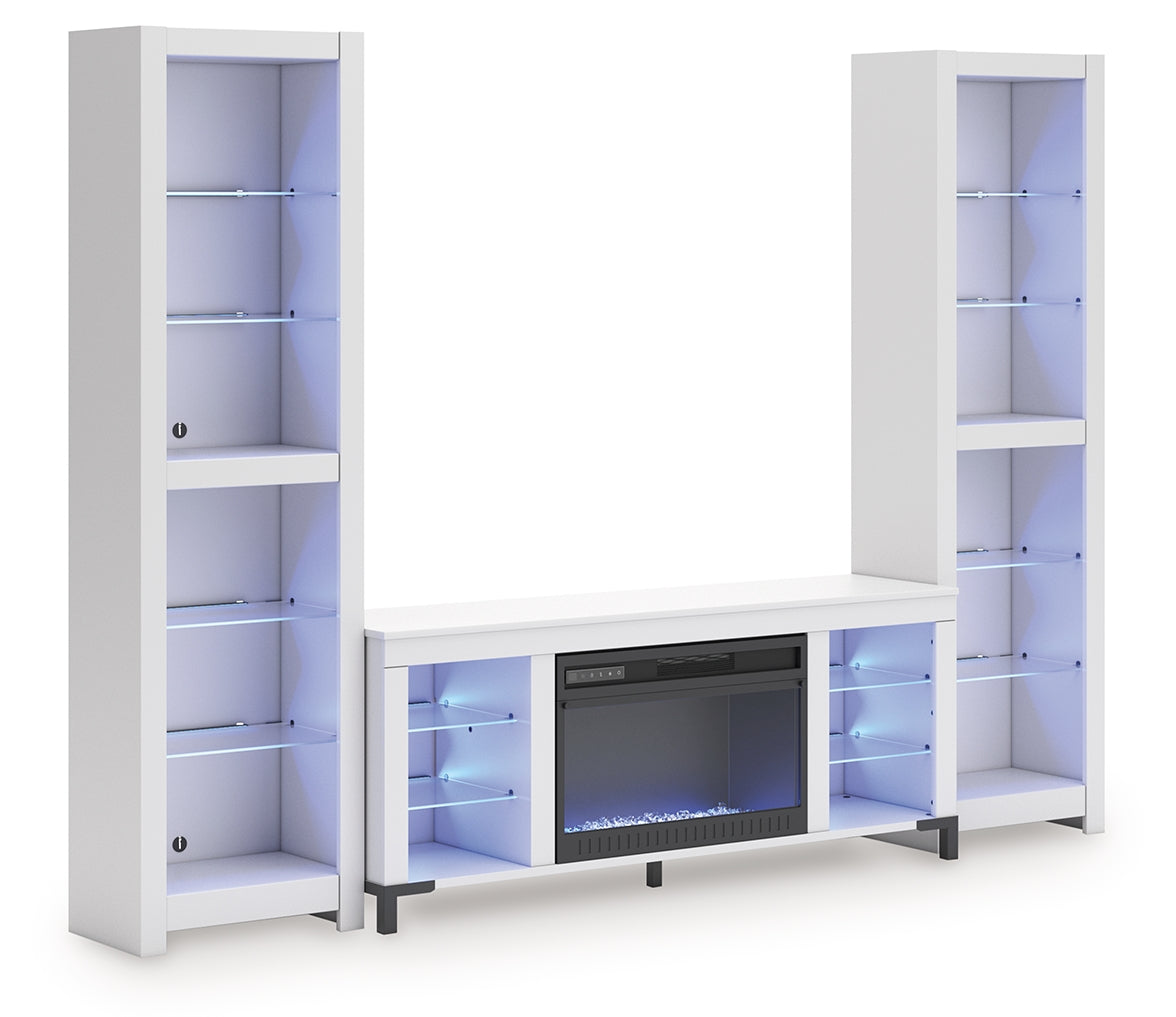 Backlit glass shelves on piers with red LED lights