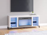 Blue LED lighting close-up on TV stand shelves