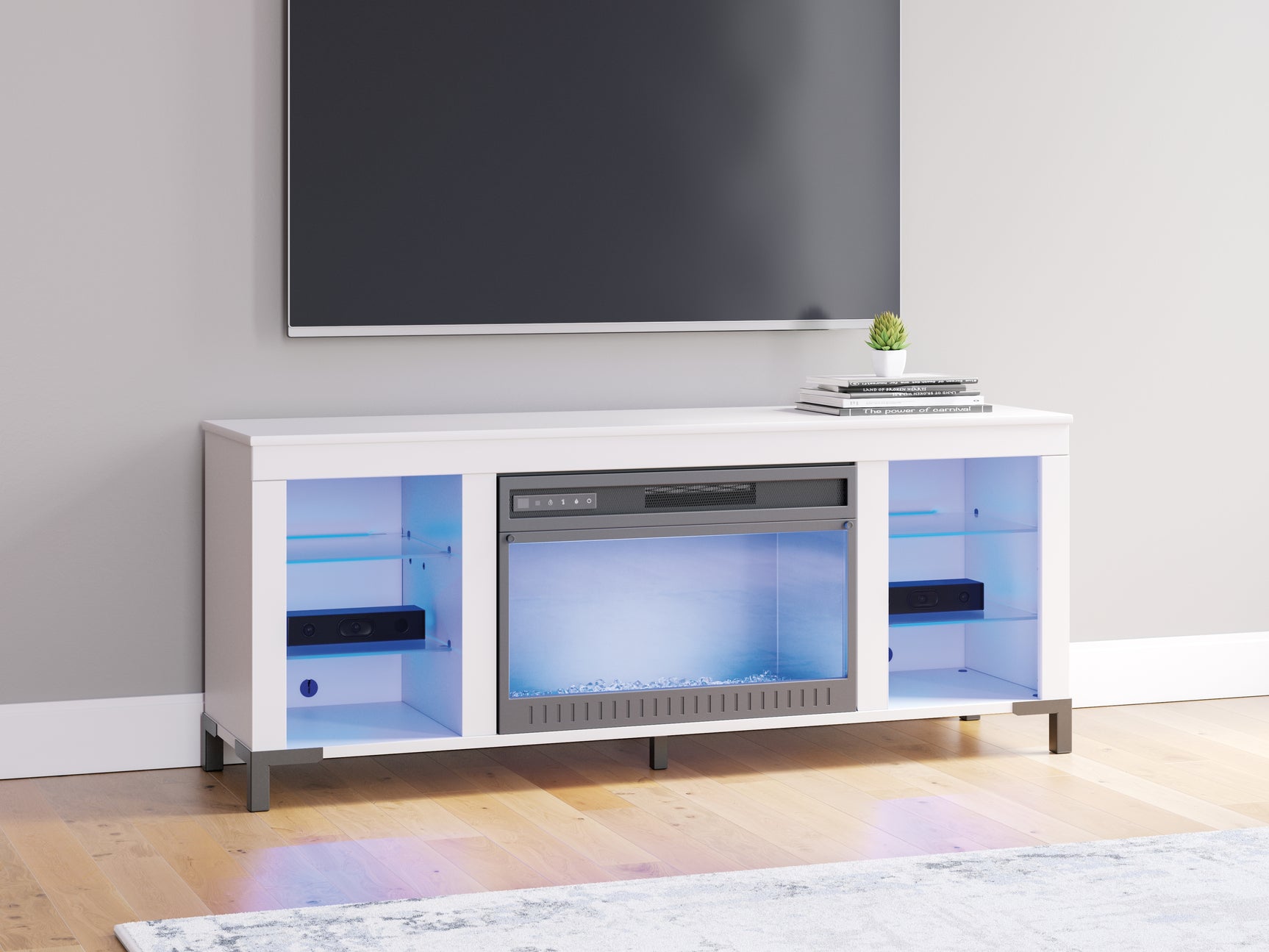 Blue LED lighting close-up on TV stand shelves