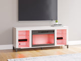 Red LED lighting close-up on TV stand shelves