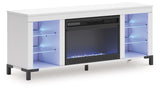 TV stand with blue LED lighting on shelves and fireplace
