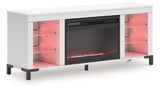 TV stand with red LED lighting on shelves and fireplace
