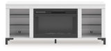 Head-on view of Brollevi white TV stand with electric fireplace