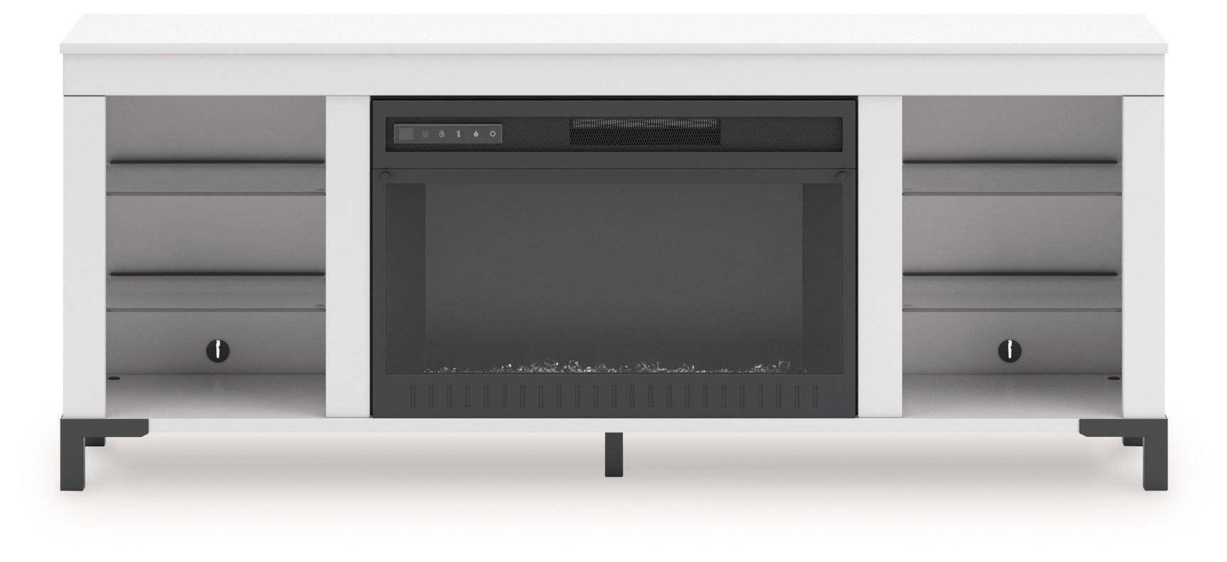 Head-on view of Brollevi white TV stand with electric fireplace