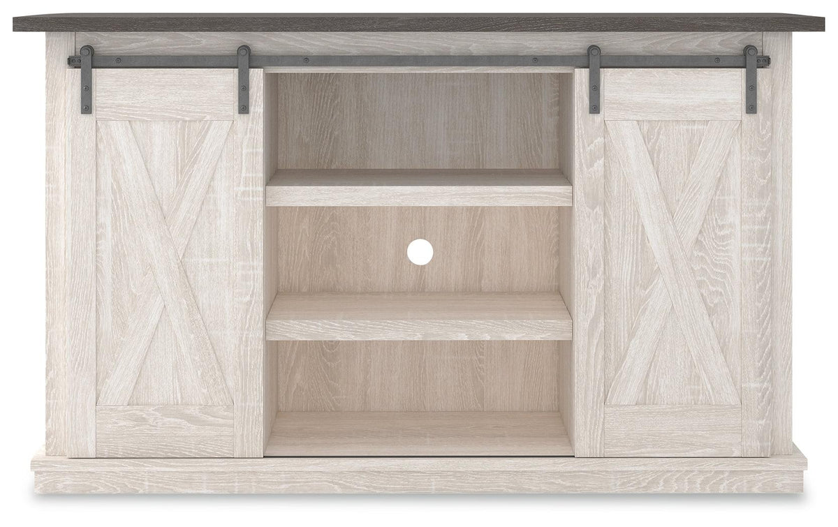 Dorrinson Two-Tone 54 Inch TV Stand sliding barn doors detail