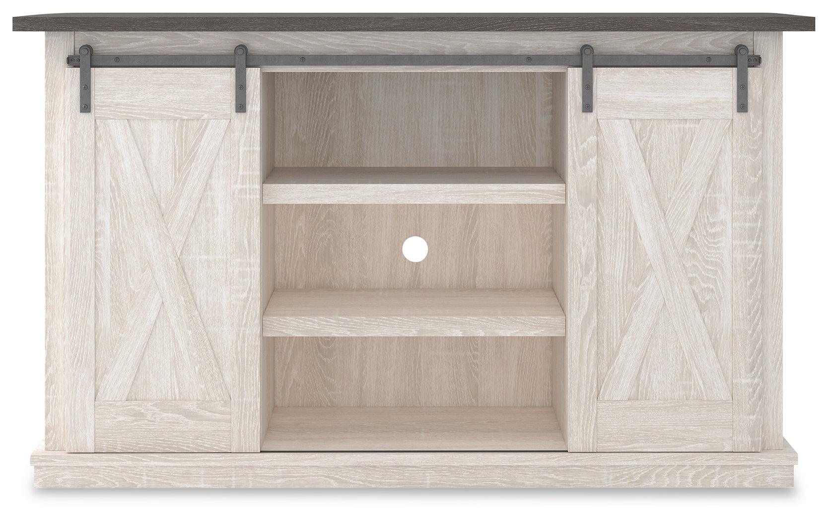 Dorrinson Two-Tone 54 Inch TV Stand sliding barn doors detail