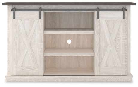 Dorrinson Two-Tone 54 Inch TV Stand sliding barn doors detail
