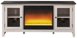 Close-up of Dorrinson Two-Tone 60" TV Stand electric fireplace insert with LED flames on