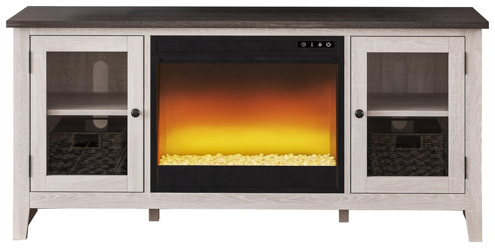Close-up of Dorrinson Two-Tone 60" TV Stand electric fireplace insert with LED flames on
