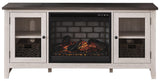 Dorrinson Two-Tone 60 inch TV Stand with Electric Fireplace side view showing glass doors and shelves
