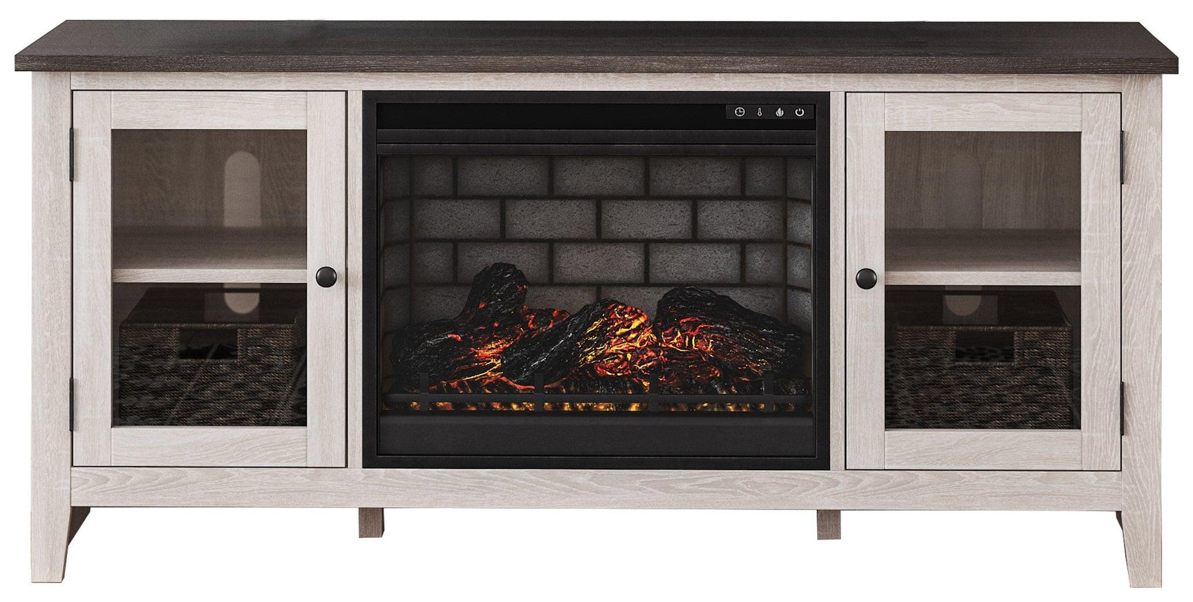Dorrinson Two-Tone 60 inch TV Stand with Electric Fireplace side view showing glass doors and shelves