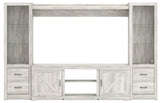 Head-on view of Bellaby Entertainment Center in whitewash finish