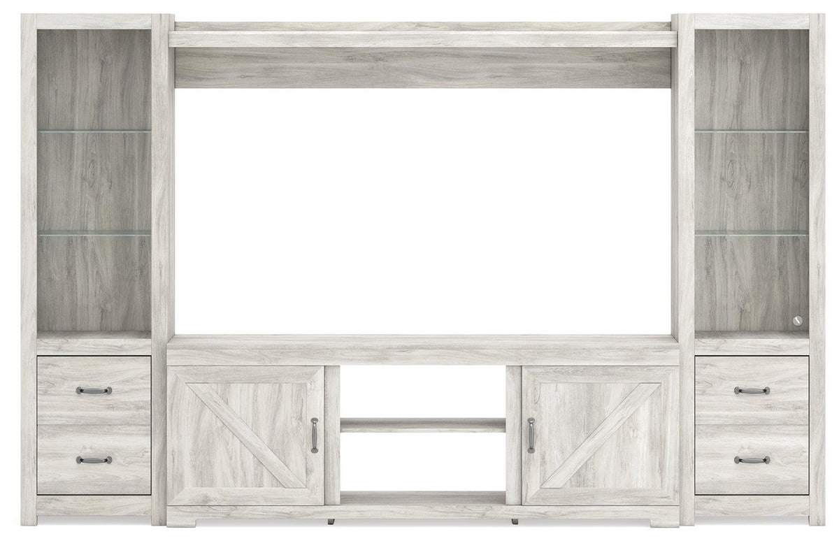 Head-on view of Bellaby Entertainment Center in whitewash finish