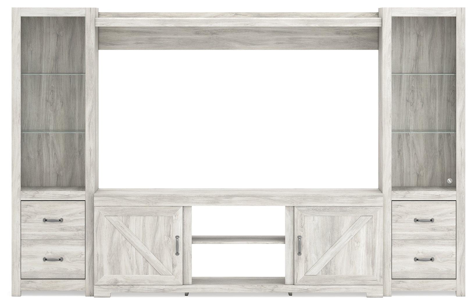 Head-on view of Bellaby Entertainment Center in whitewash finish