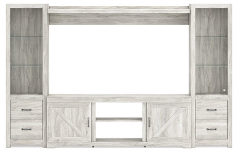 Head-on view of Bellaby Entertainment Center in whitewash finish