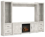 Bellaby entertainment center showing wire management cutouts and shelves