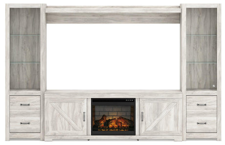 Bellaby 4-piece entertainment center illuminated with fireplace glow