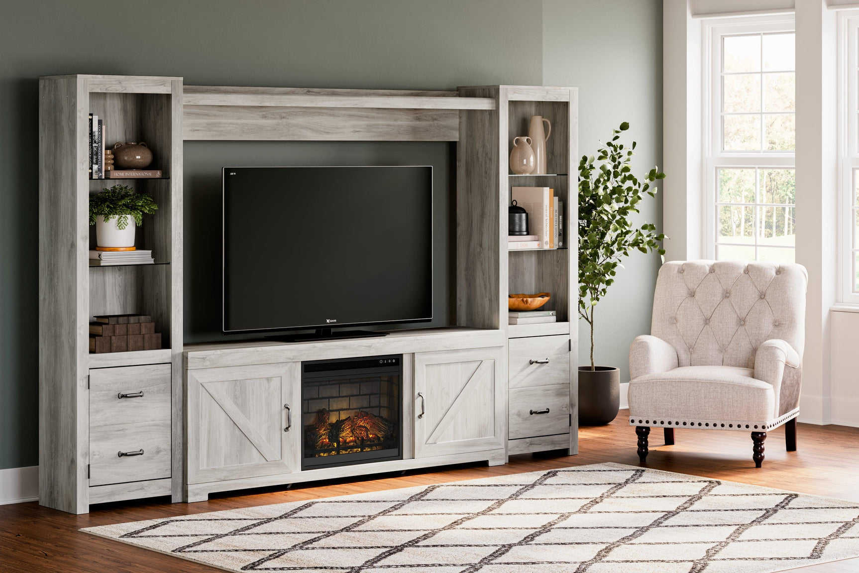 Front angle of Bellaby entertainment center with fireplace insert