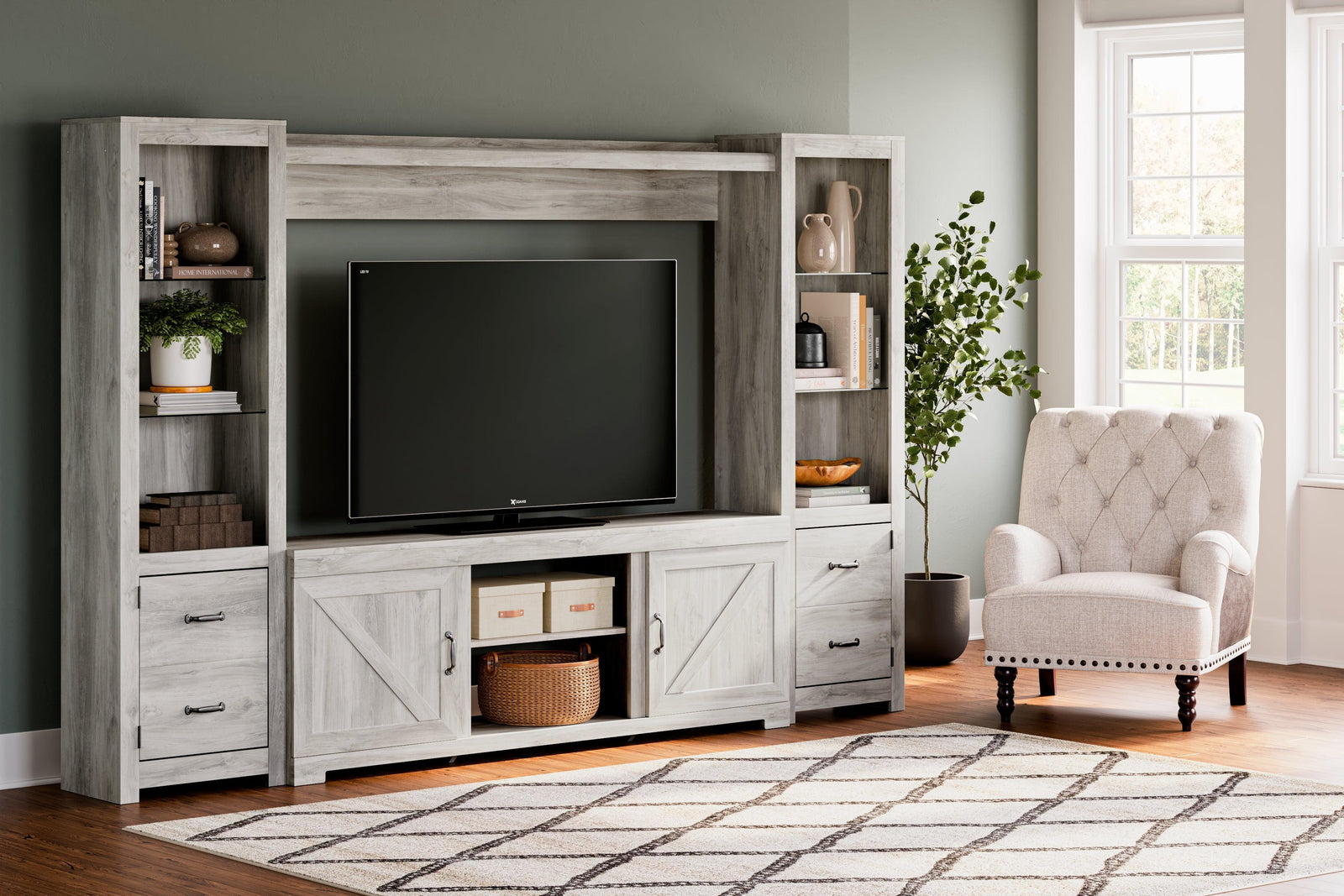 Bellaby Whitewash 4-Piece Entertainment Center - Ella Furniture