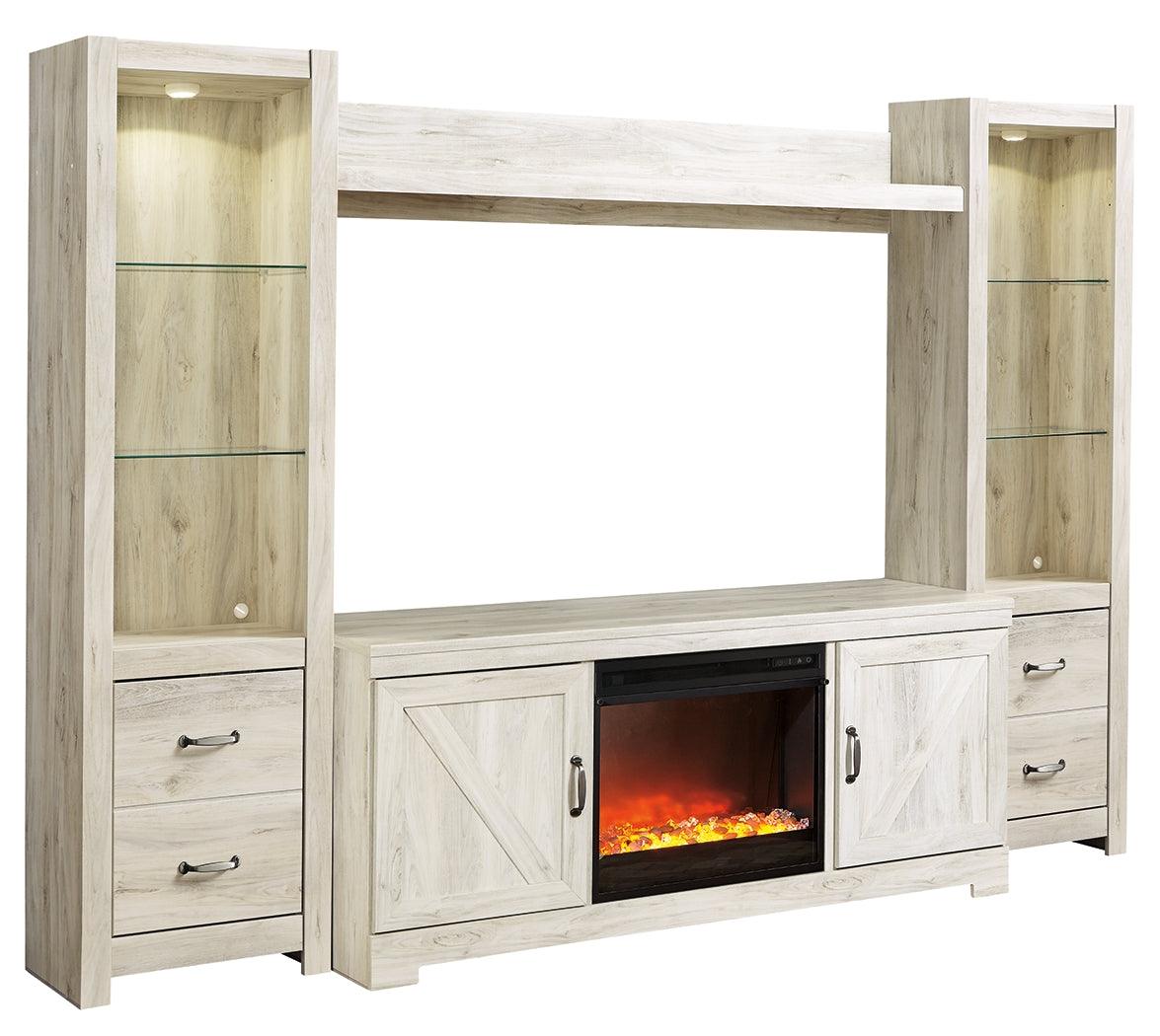 Bellaby entertainment center side view with glass shelves