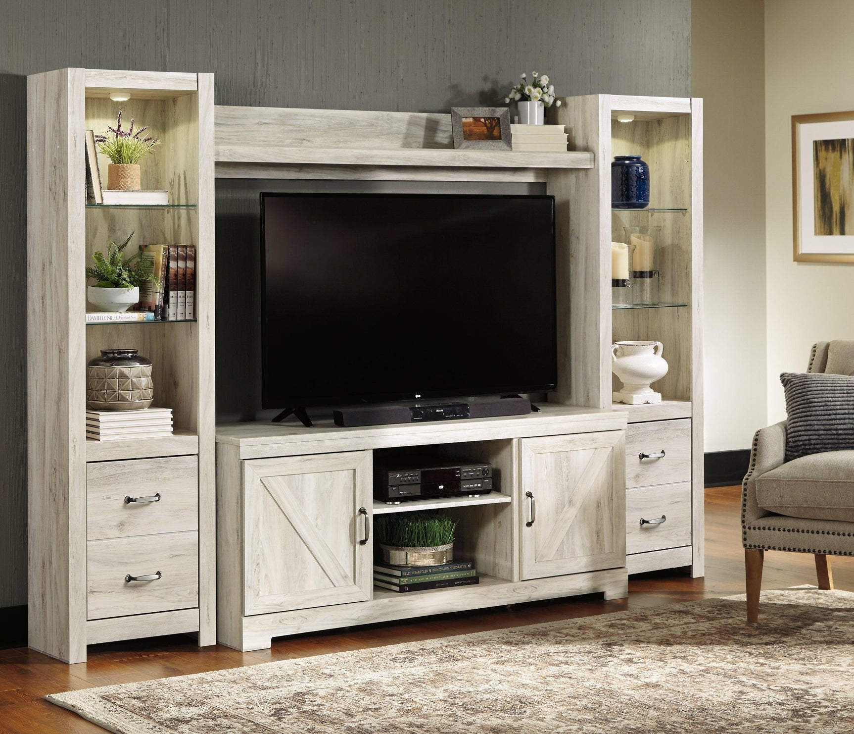 Detailed dimension diagram of Bellaby Entertainment Center