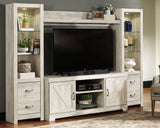Side angle of Bellaby TV stand with cabinet doors open