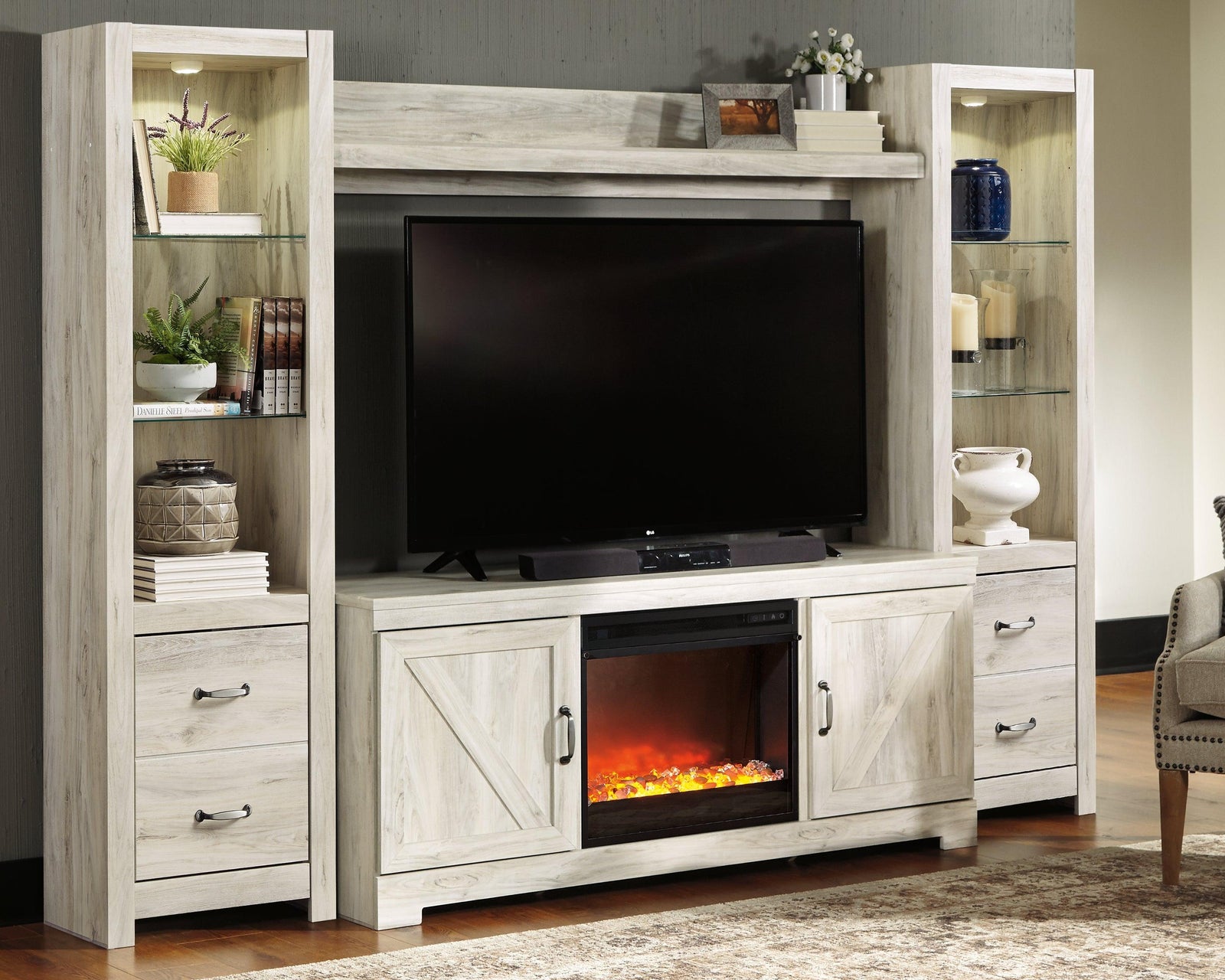 Bellaby Whitewash 4-Piece Entertainment Center With Fireplace - Ella Furniture