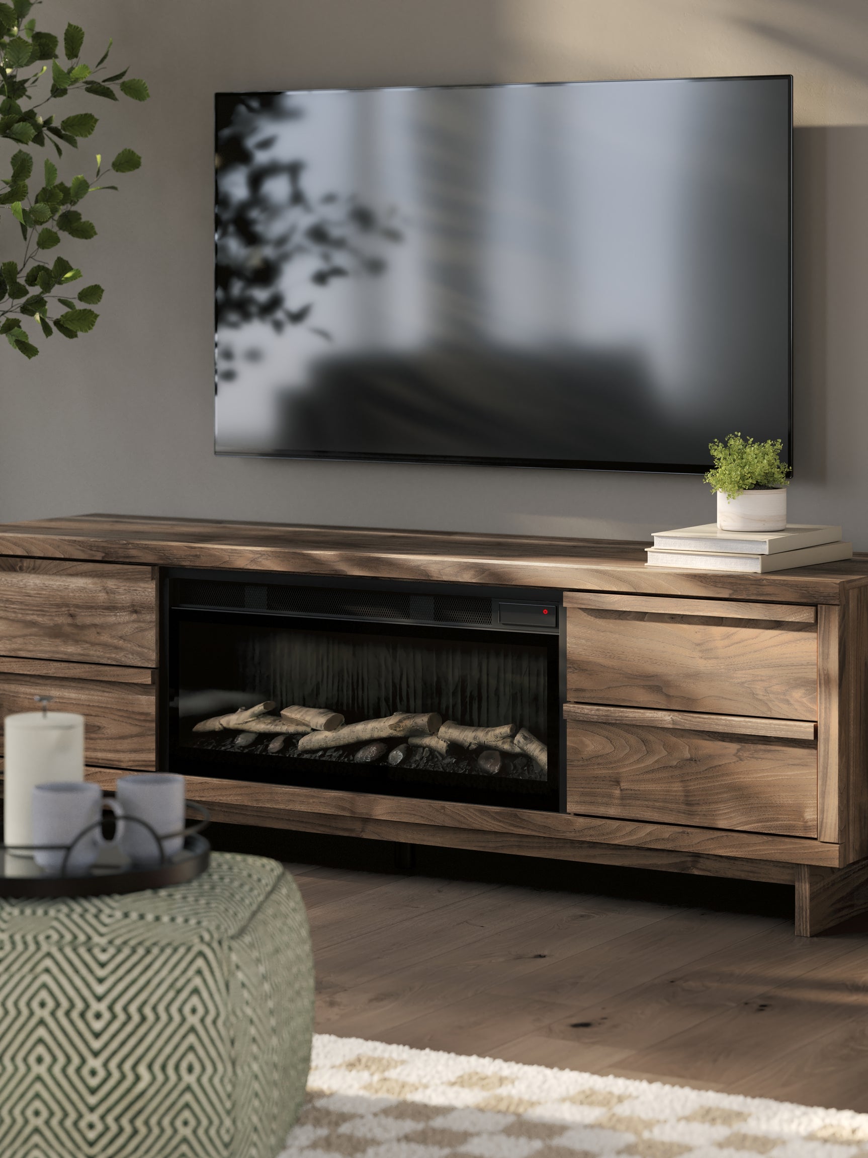 Detail of faux birch log set in fireplace