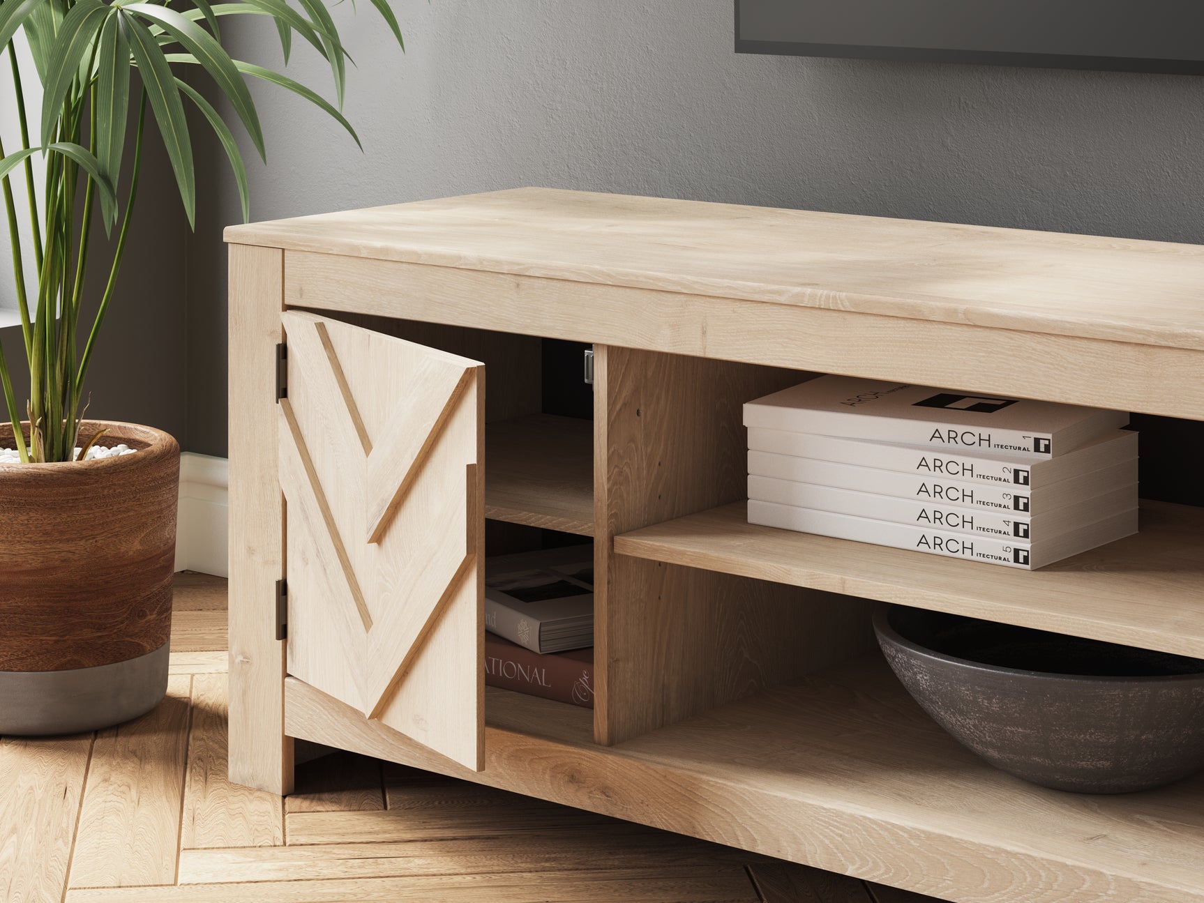Close-up of Cayboni TV stand texture and laminate finish