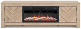 Head-on view of Cayboni TV stand with lit electric fireplace