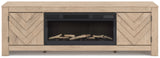 Close-up front view of Cayboni TV stand with fireplace insert