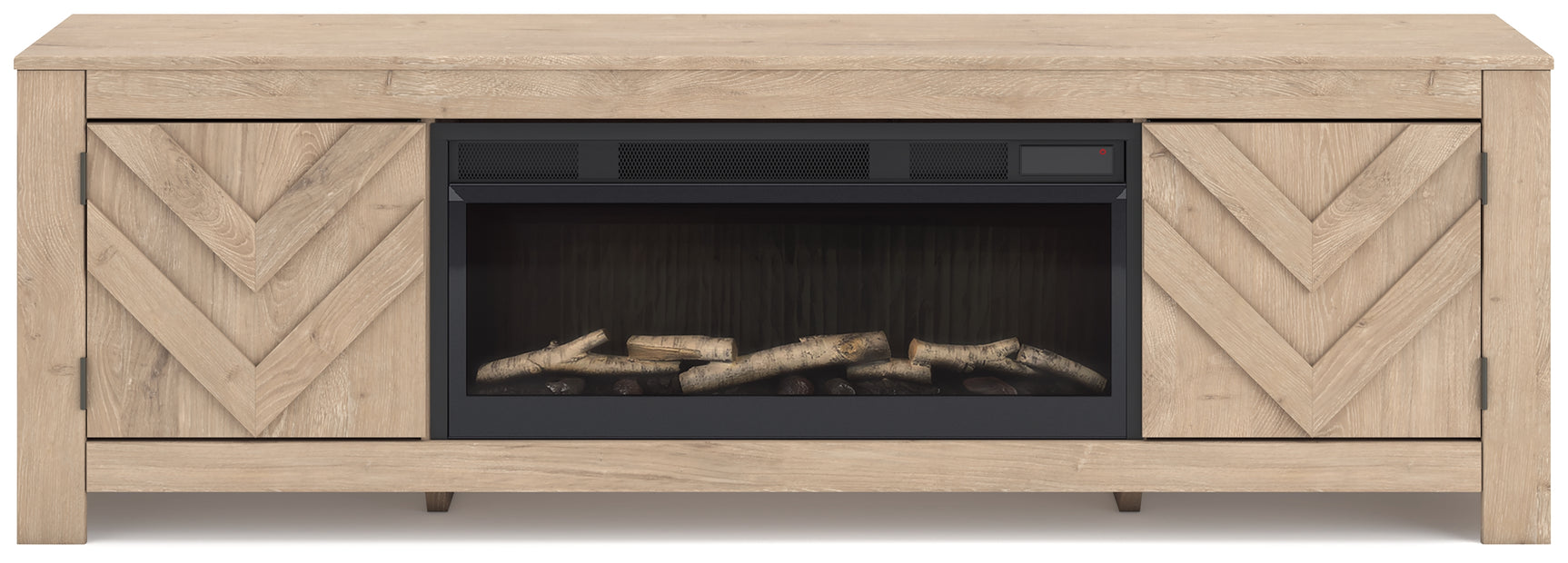 Close-up front view of Cayboni TV stand with fireplace insert