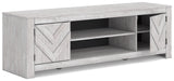 Whitewash TV stand open cabinets showing adjustable shelves