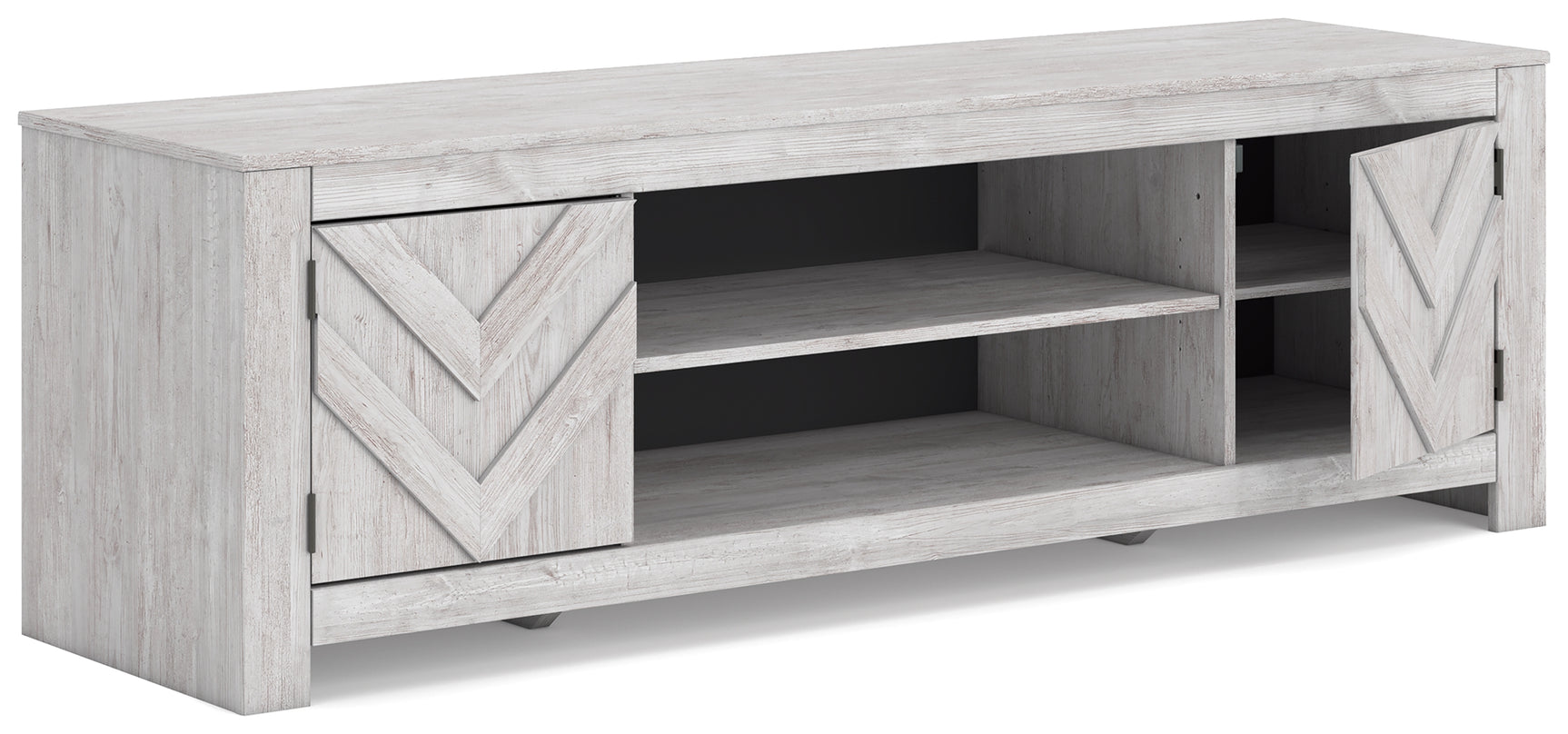 Whitewash TV stand open cabinets showing adjustable shelves