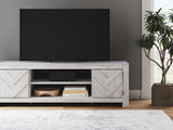 Open cabinet view of Cayboni TV stand with media devices